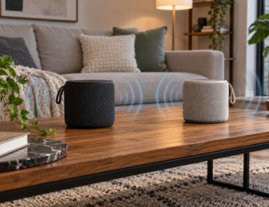 Dos altavoces bluetooth portátiles reproduciendo juntos en un salón moderno
