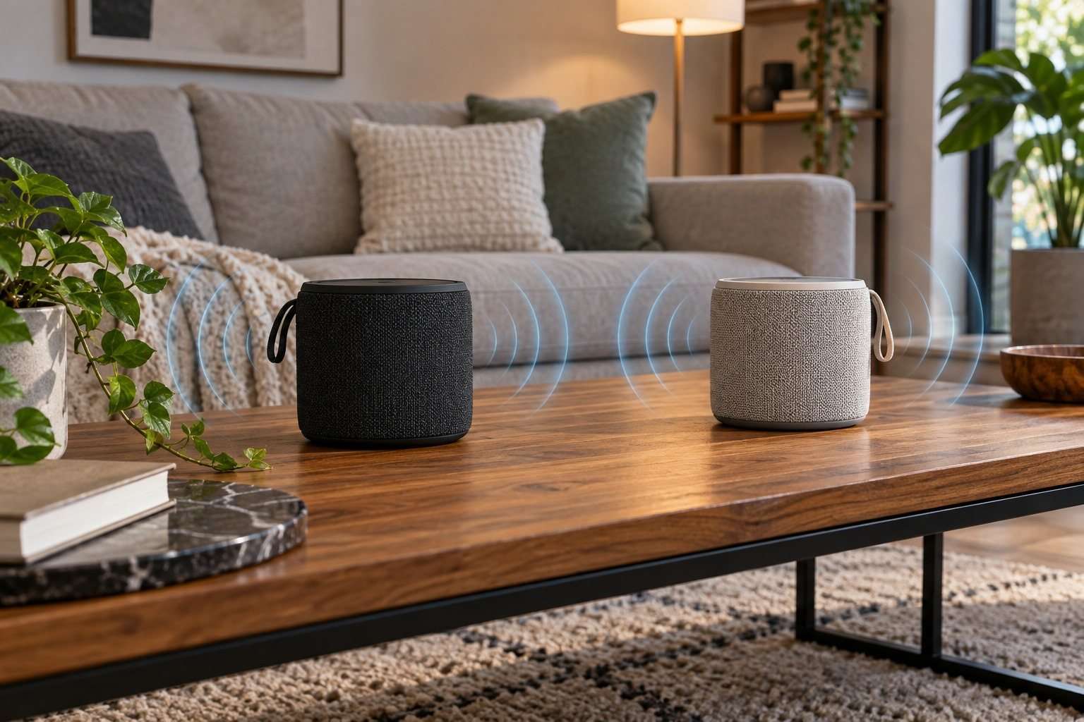Dos altavoces bluetooth portátiles reproduciendo juntos en un salón moderno