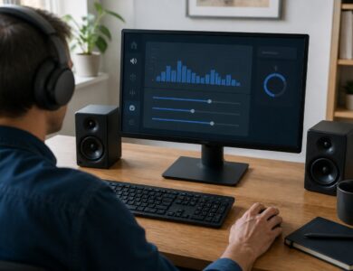 Ordenador con Windows y altavoces durante una comprobación de audio