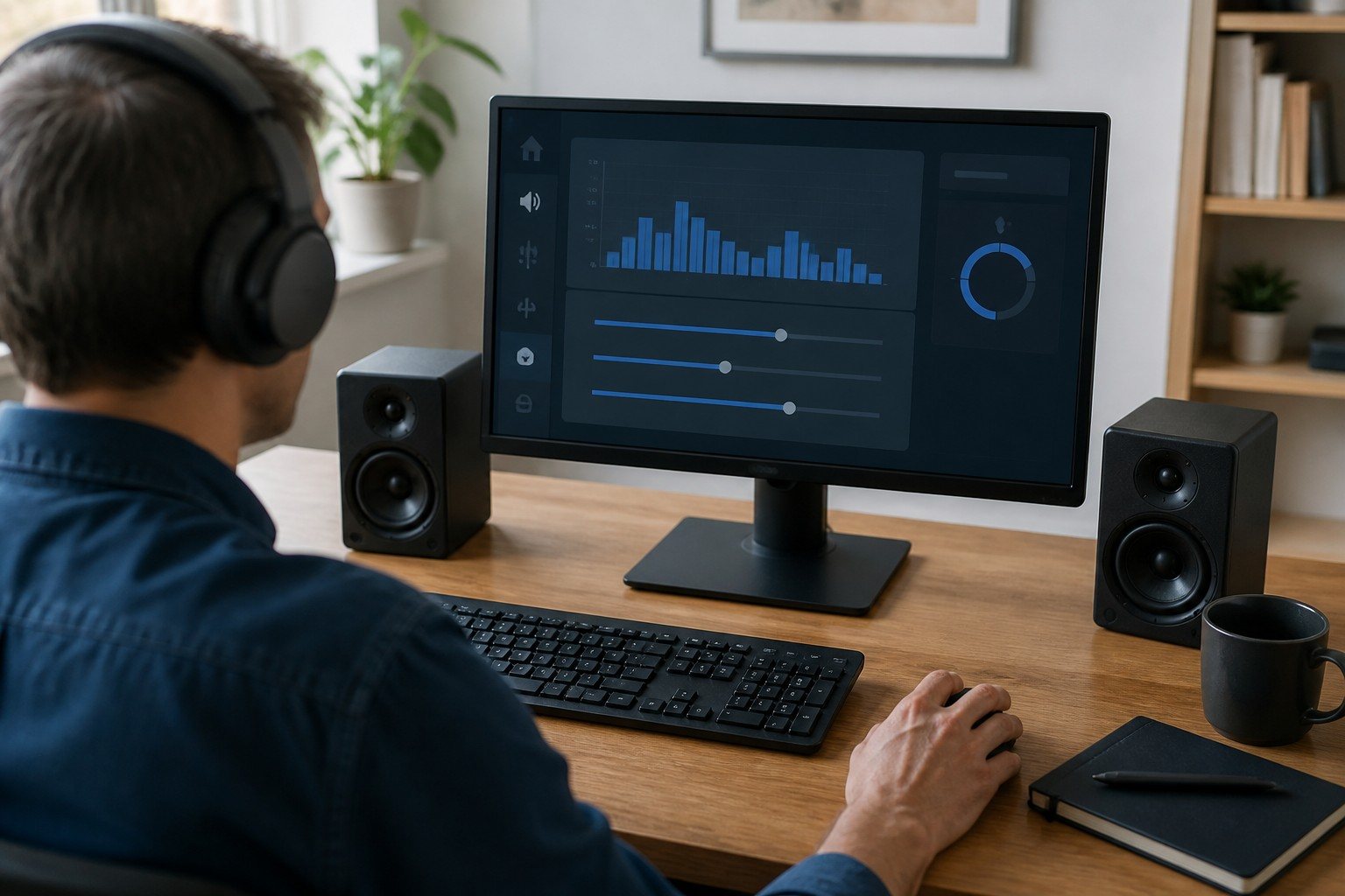Ordenador con Windows y altavoces durante una comprobación de audio