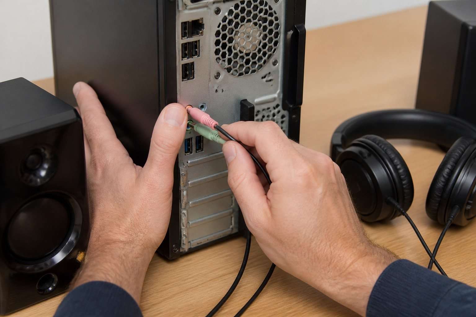 Persona revisando conexiones y niveles de sonido en un escritorio