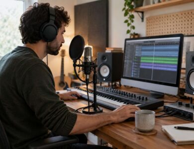 Estudio doméstico con micrófono, interfaz de audio, teclado y ordenador.