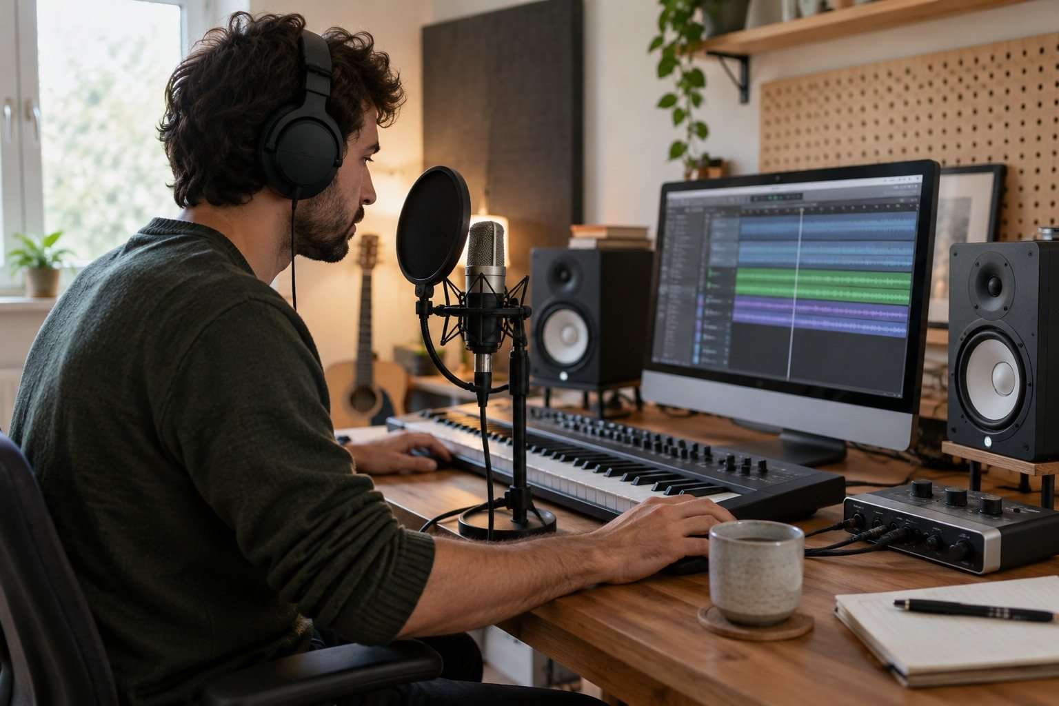 Estudio doméstico con micrófono, interfaz de audio, teclado y ordenador.